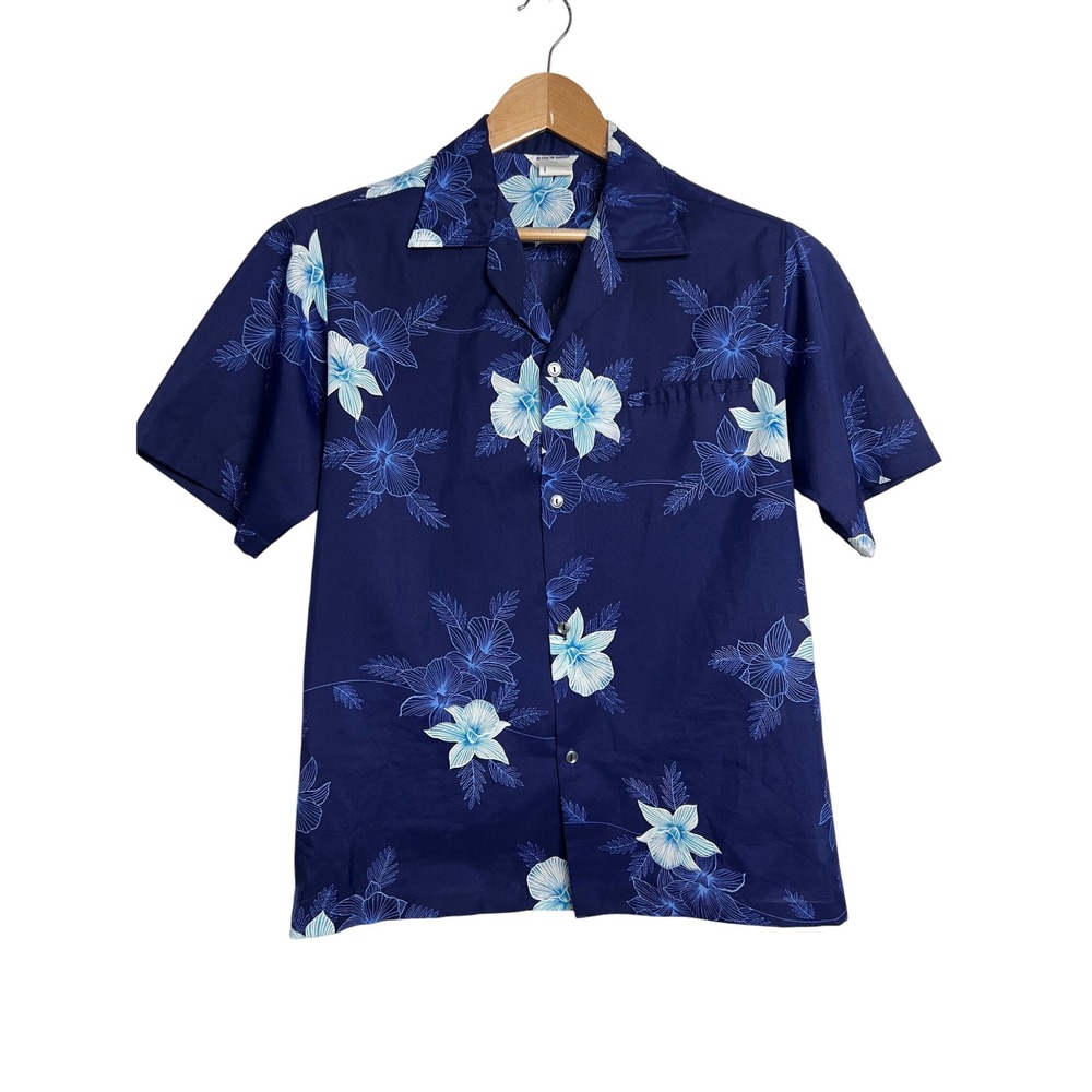Vintage Made in Hawaii Button Up Shirt Mens M Blue Tropical Hibiscus Aloha E03